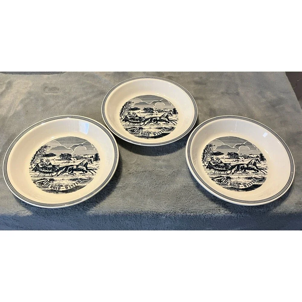 3 Vtg Currier & Ives The Road-Winter Pie Plate 10